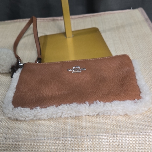 Coach Brown Leather Wristlet with Sherpa Shearling Trim - Picture 4 of 14